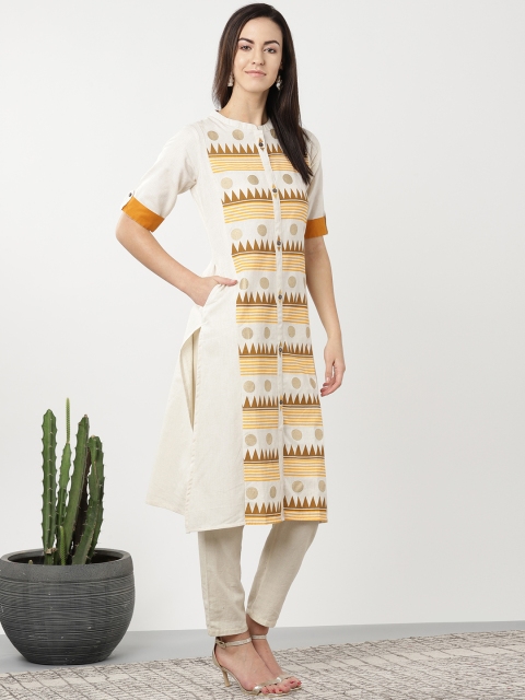 

Sangria Women Off-White & Mustard Yellow Printed Straight Kurta