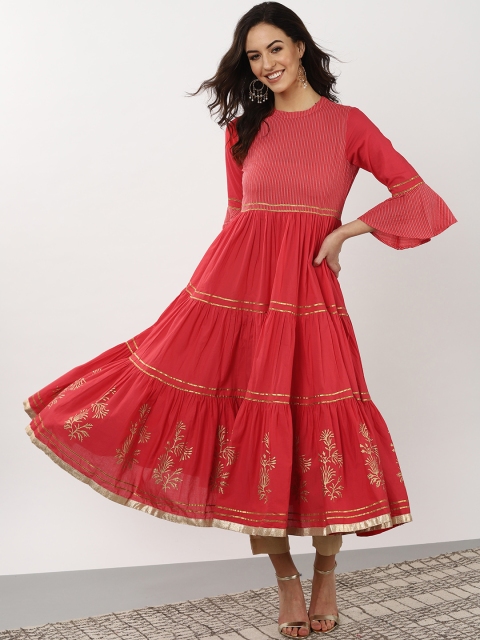 

Sangria Women Coral Red & Golden Kantha Work Anarkali Tiered Kurta