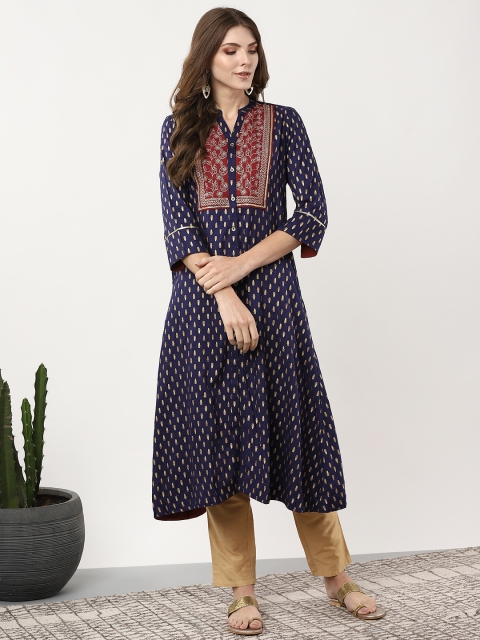

Sangria Women Navy Blue & Golden Printed A-Line Kurta