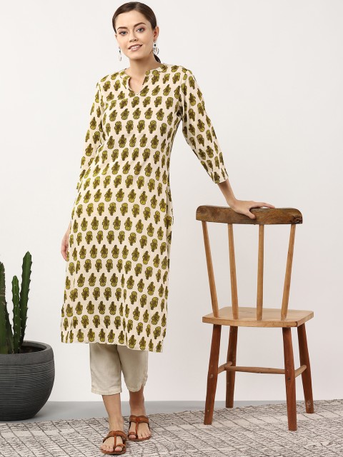 

Sangria Women Beige & Olive Green Printed Straight Kurta