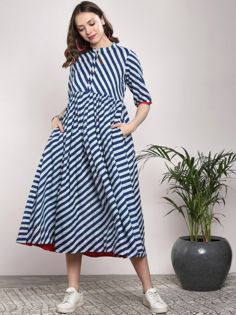 

Sangria Women Navy Blue Striped Fit and Flare Dress