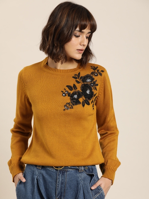 

all about you Women Mustard Yellow Embroidered Sweater