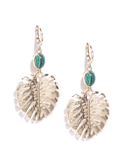 

Accessorize Green & Gold-Toned Stone Studded Leaf Shaped Drop Earrings