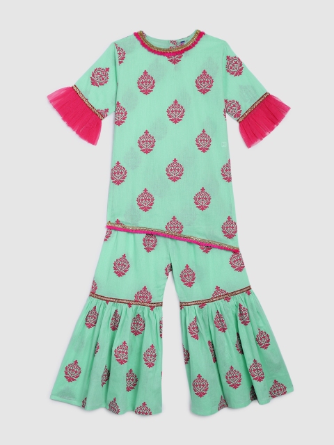 

YK Girls Sea Green & Pink Printed Kurti with Sharara