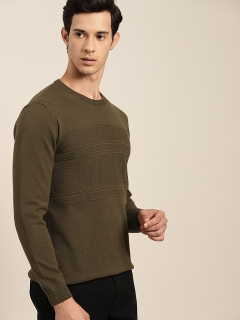 

INVICTUS Men Olive Green Striped Pullover Sweater