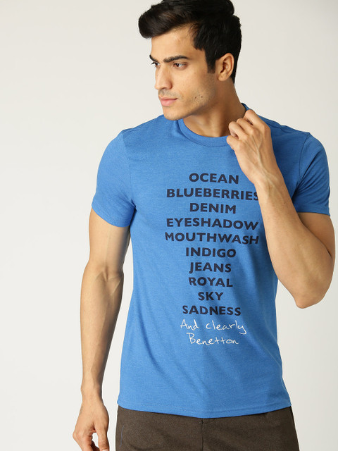 

United Colors of Benetton Men Blue Printed Round Neck T-shirt