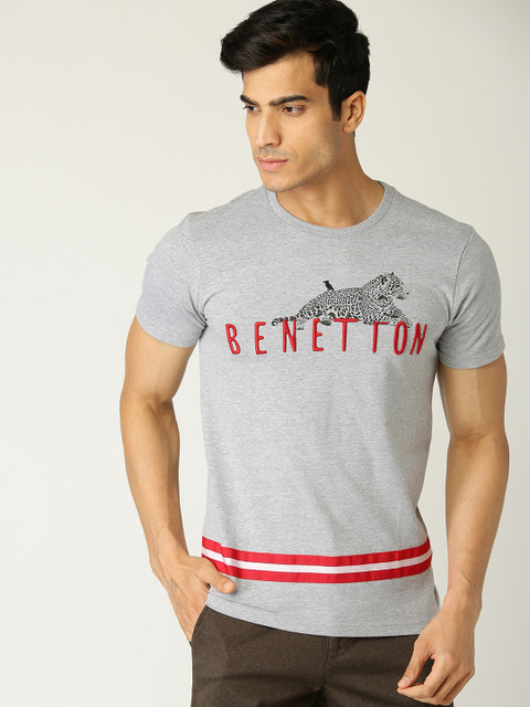 

United Colors of Benetton Men Grey Melange Printed Round Neck T-shirt