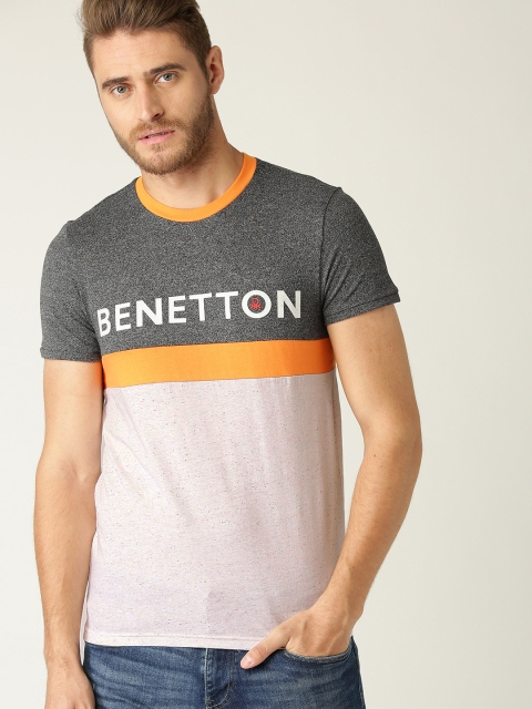 

United Colors of Benetton Men Charcoal Grey Colourblocked Round Neck T-shirt