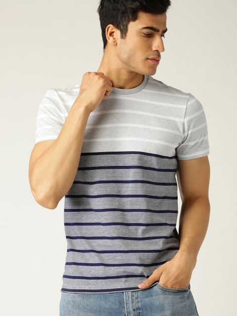 United Colors of Benetton Men Navy Blue & Grey Melange Striped Round Neck T-shirt