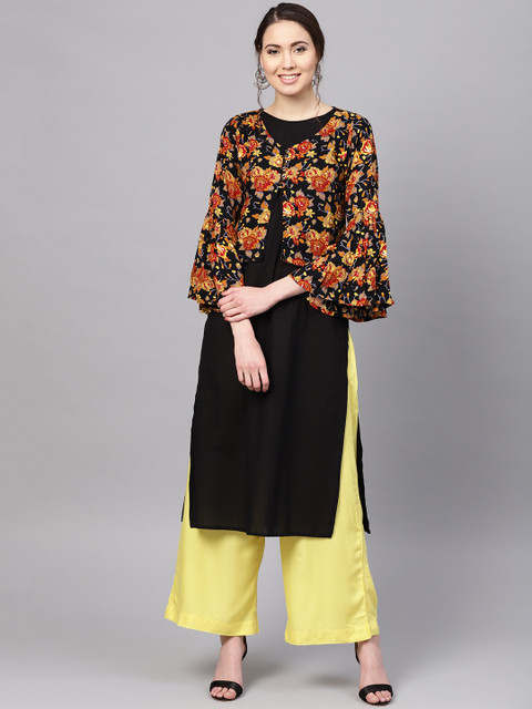 

Myshka Women Black Solid Straight Kurta With Printed Layer