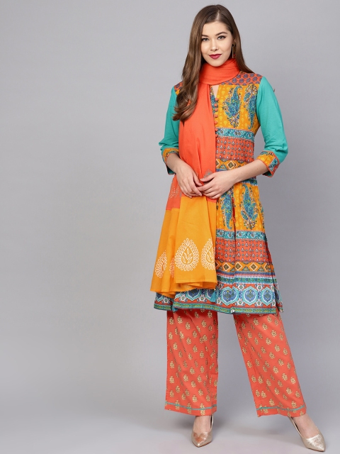 

Rain & Rainbow Women Green & Orange Printed Kurta with Palazzos & Dupatta