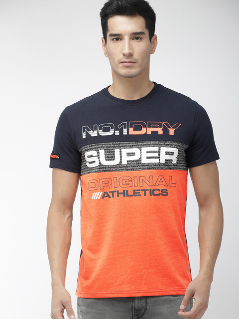 

Superdry Athletics Men Orange & Navy Blue Printed Round Neck TROPHY NEON T-shirt