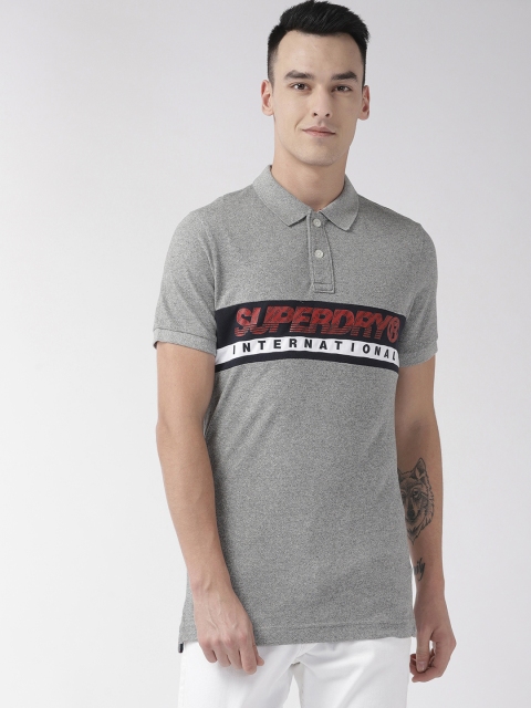 

Superdry Men Grey Melange Printed Polo Collar T-shirt