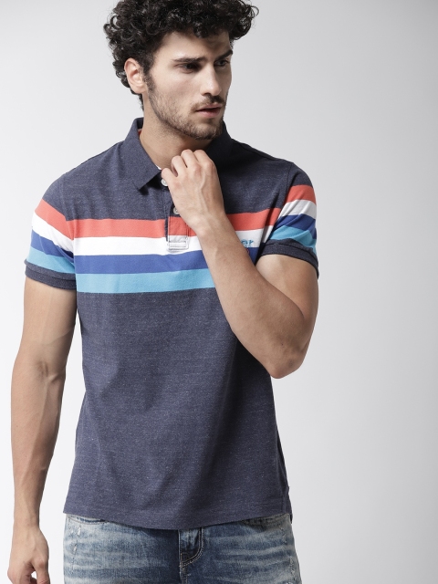 

Superdry Men Navy Blue Striped Polo Collar T-shirt