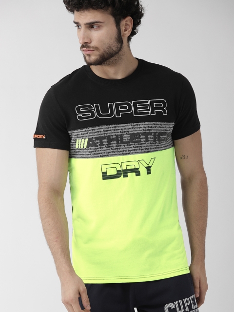 

Superdry Men Fluorescent Green & Black Colourblocked Round Neck T-shirt