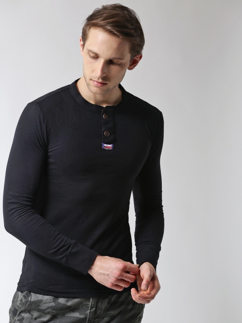 

Superdry Men Black Solid Henley Neck T-shirt