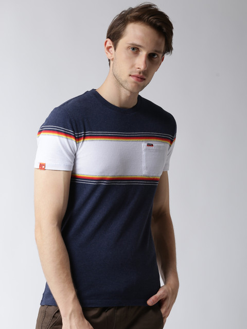 

Superdry Men Navy Blue & White Striped Round Neck T-shirt