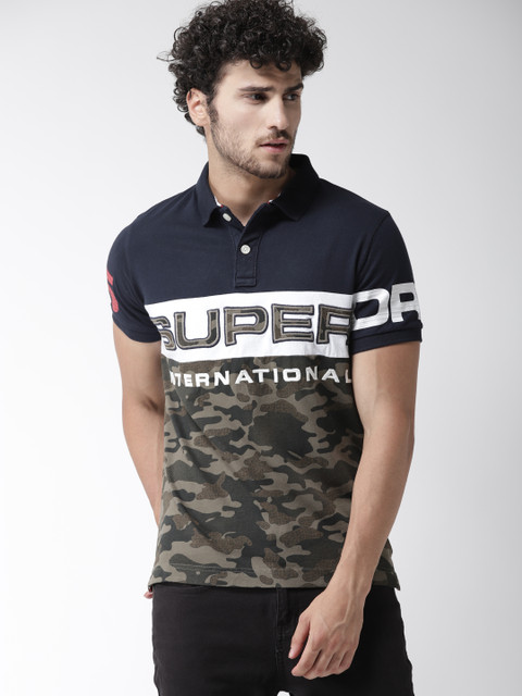 

Superdry Men Navy Blue & Olive Green Camouflage Print Polo Collar T-shirt