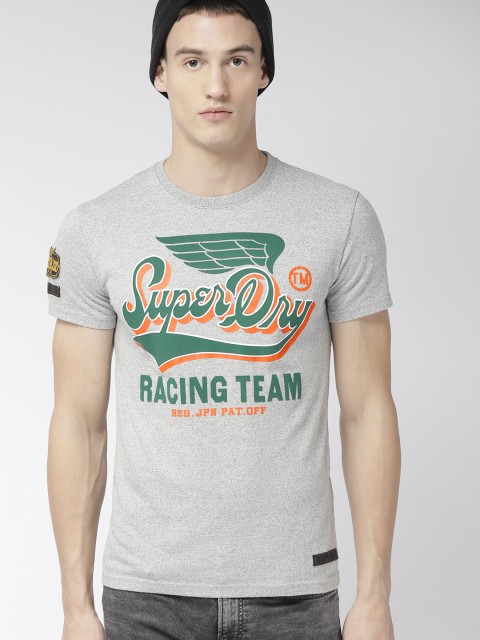 

Superdry Men Grey Melange & Green Printed Round Neck T-shirt