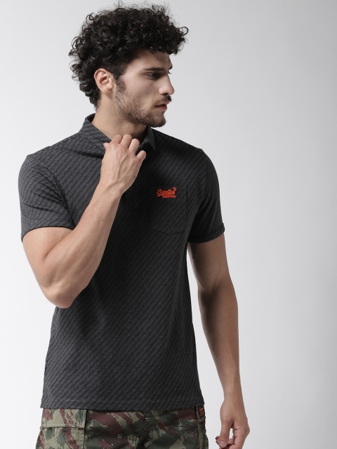 

Superdry Men Charcoal Grey & Black Striped Polo Collar T-shirt