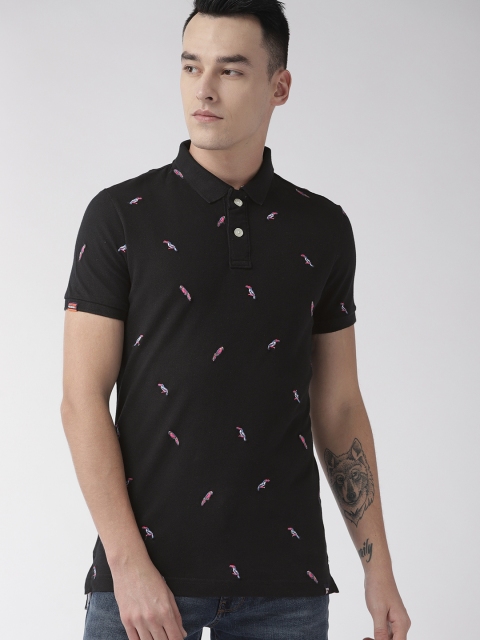 

Superdry Men Black & Pink Self Design Polo Collar T-shirt