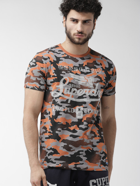 

Superdry Men Grey & Orange Camouflage Print Round Neck T-shirt