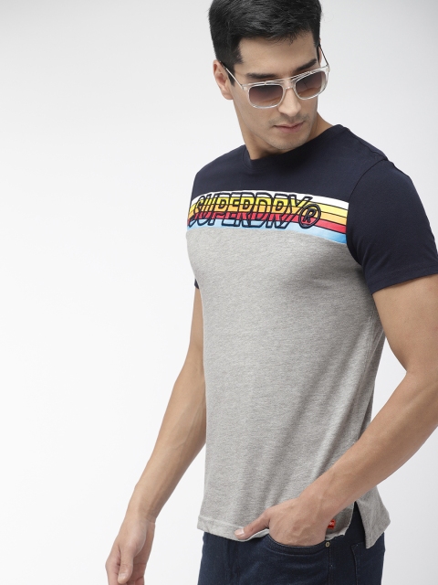 

Superdry Men Grey Colourblocked CALI STRIPE EMBROIDE Round Neck T-shirt