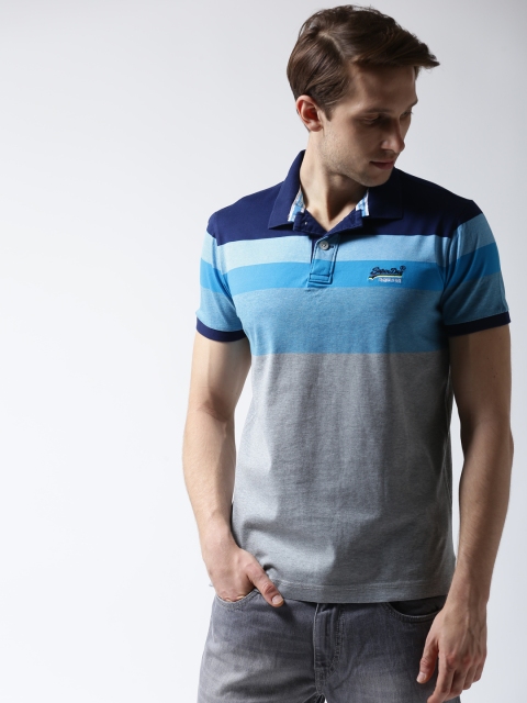 

Superdry Men Grey Melange & Blue Striped Polo Collar T-shirt