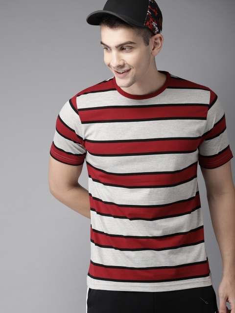 

HERE&NOW Men Grey Melange & Maroon Striped Round Neck T-shirt