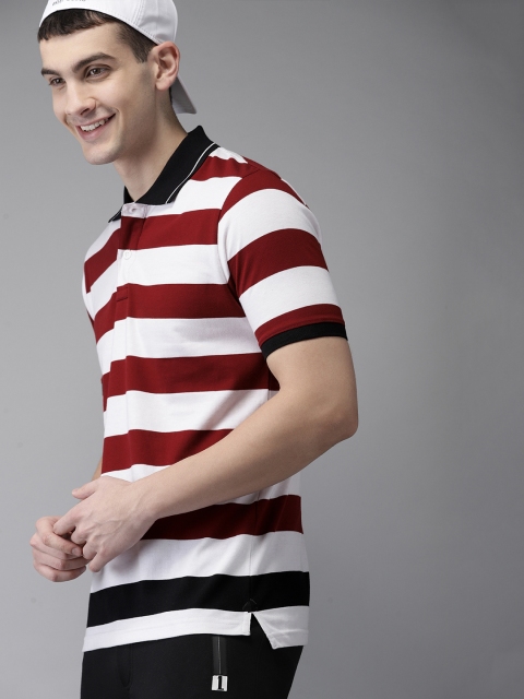 

HERE&NOW Men White Striped Polo Collar T-shirt