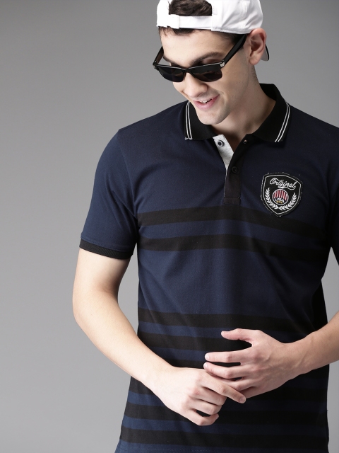 

HERE&NOW Men Navy Blue Striped Polo Collar T-shirt
