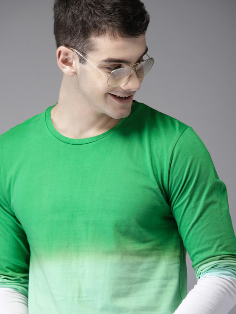 

HERE&NOW Men Green & White Dyed Round Neck T-shirt