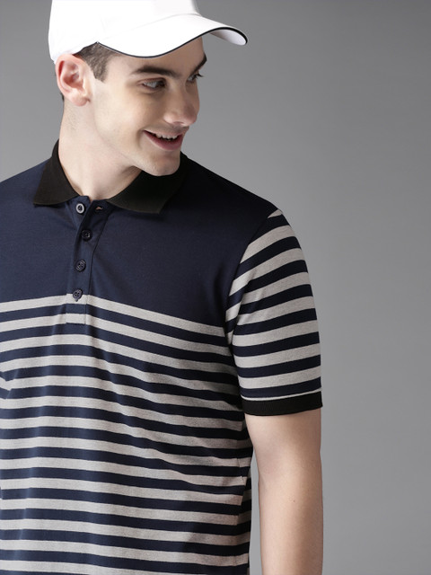 

HERE&NOW Men Navy Blue & Grey Striped Polo Collar T-shirt