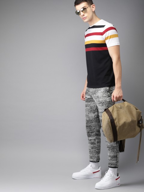 

HERE&NOW Men Black Striped Round Neck T-shirt
