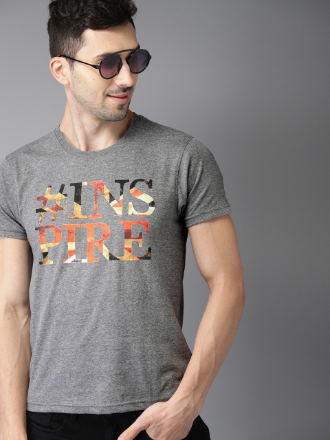 

HERE&NOW Men Charcoal Printed Round Neck T-shirt