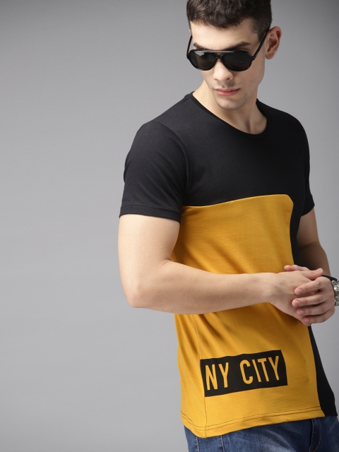 

HERE&NOW Men Black & Mustard Yellow Colourblocked Round Neck T-shirt