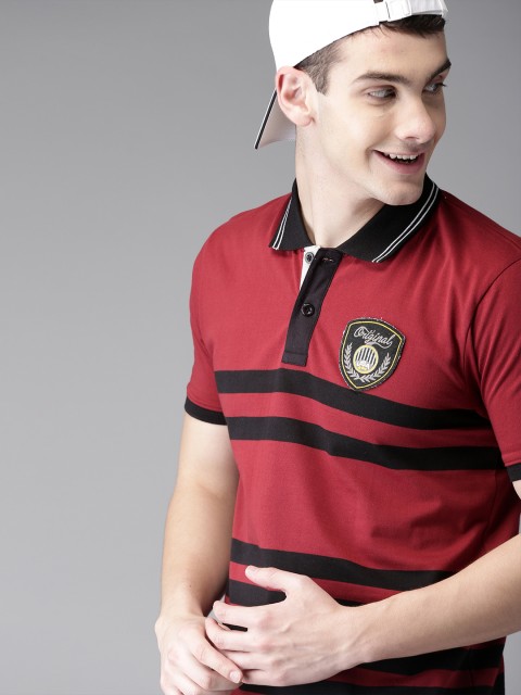 

HERE&NOW Men Maroon Striped Polo Collar T-shirt