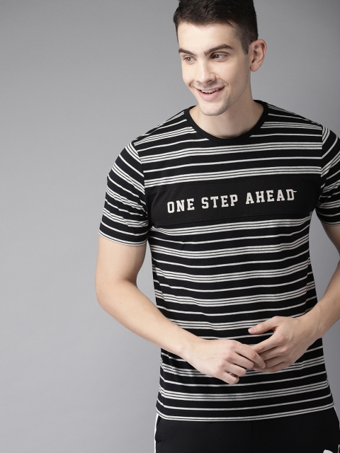 

HERE&NOW Men Black & Grey Striped Round Neck T-shirt
