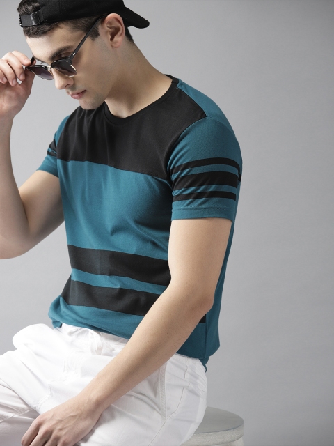 

HERE&NOW Men Teal Blue & Black Striped Round Neck T-shirt