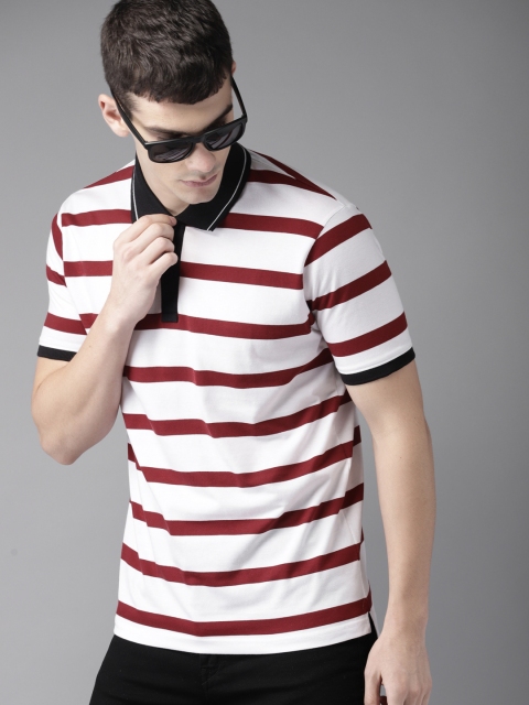 

HERE&NOW Men White & Maroon Striped Polo Collar T-shirt