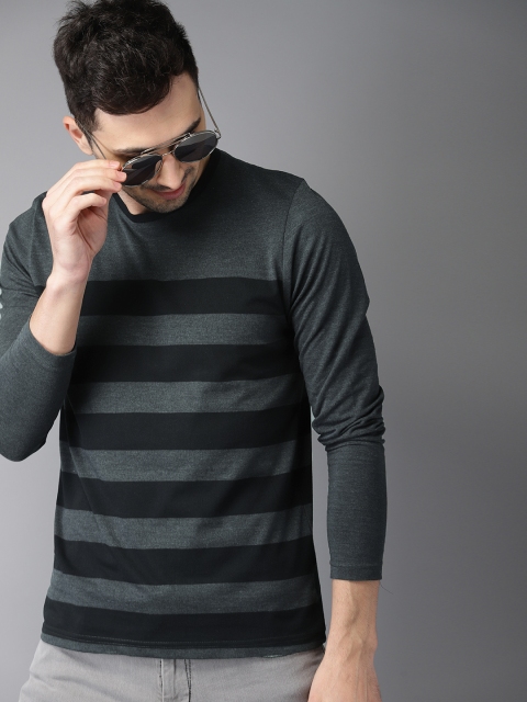 

HERE&NOW Men Grey & Black Striped Round Neck T-shirt