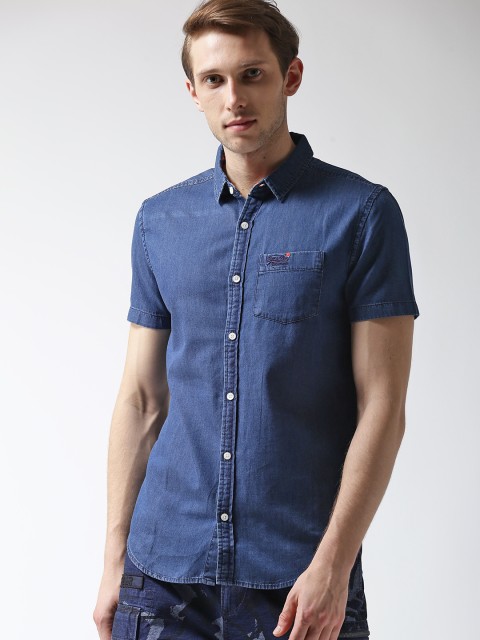 

Superdry Men Blue Regular Fit Solid Chambray Casual Shirt