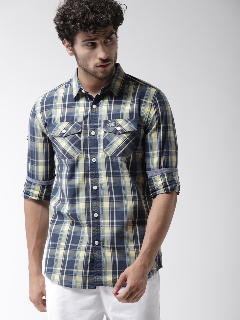 

Superdry Men Navy Blue & Yellow Regular Fit Checked Casual Shirt