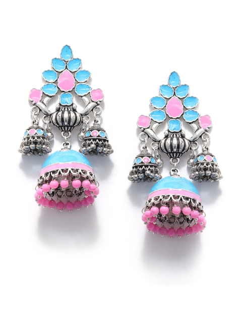 

Fabstreet Silver-Plated Blue & Pink Dome Shaped Jhumkas