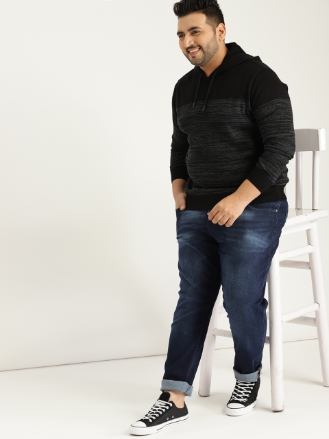 

Sztori Plus Size Men Black Charcoal Grey Colourblocked Hooded Sweater