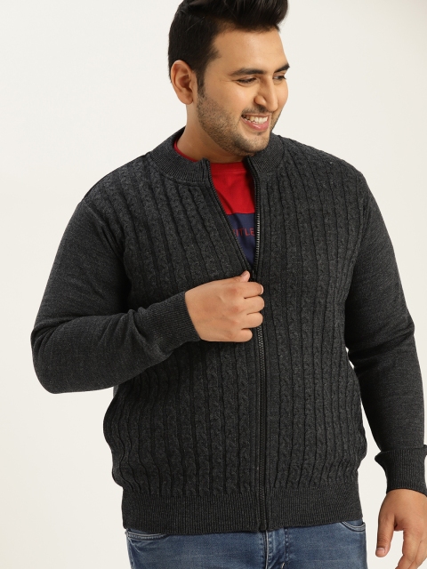 

Sztori Plus Size Men Charcoal Grey Self Design Cardigan