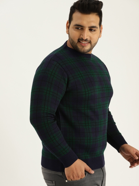 

Sztori Plus Size Men Green Navy Blue Checked Sweater