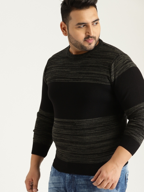 

Sztori Plus Size Men Black Olive Green Striped Sweater