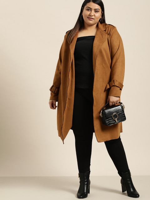 

Sztori Plus Size Women Brown Solid Suede Finish Trench Coat