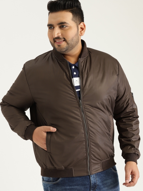 

Sztori Plus Size Men Brown Solid Bomber Jacket